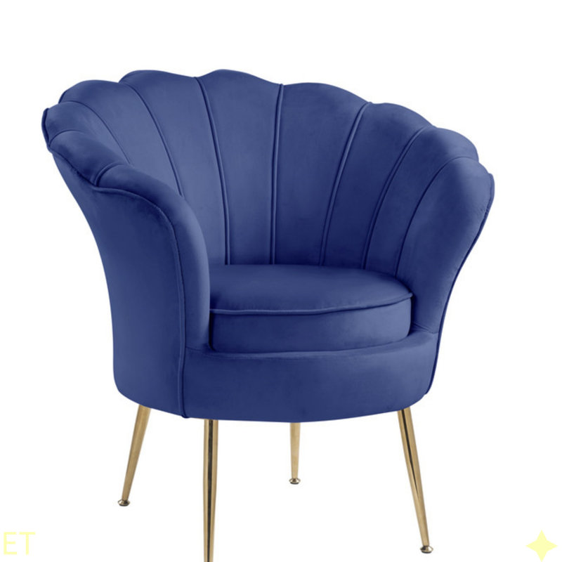 Fauteuil d'appoint 34 po en velours à dossier festonné avec pieds en métal, Bleu