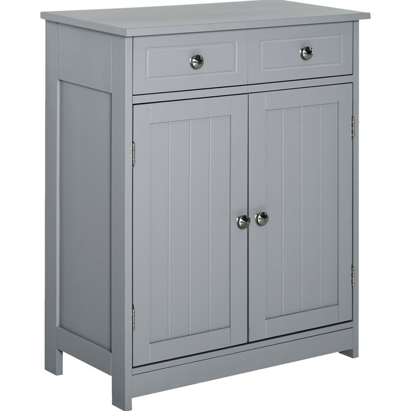 Armoire de salle de bain en gris, 2 portes et tiroirs avec tablette réglable, rangement autoportant, matériau, eau, espace supplémentaire pour les serviettes