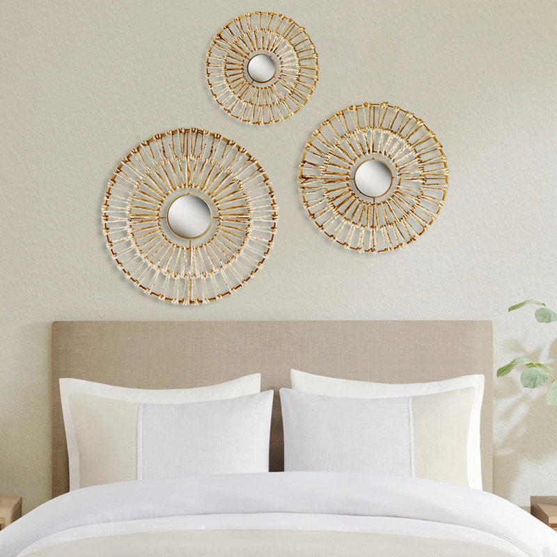 Gold Corn Husk Wrapped Round Decorative Mirror Set