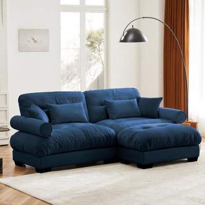 Velours bleu surdimensionné à deux places avec traversin rond, look rétro exquis pour le salon, coussins de siège en nuage, rembourrage de siège profond pour un confort moderne, combinaisons flexibles