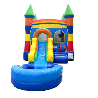 Inflatable Bounce House with Slide for Kids - 26.5 x 12 x 14.5 Foot Backyard Deluxe Rainbow Castle Combo Bouncer with Water Pool, Outdoor Jumpers - Includes Blower, Anchor Stakes, and Storage Bag