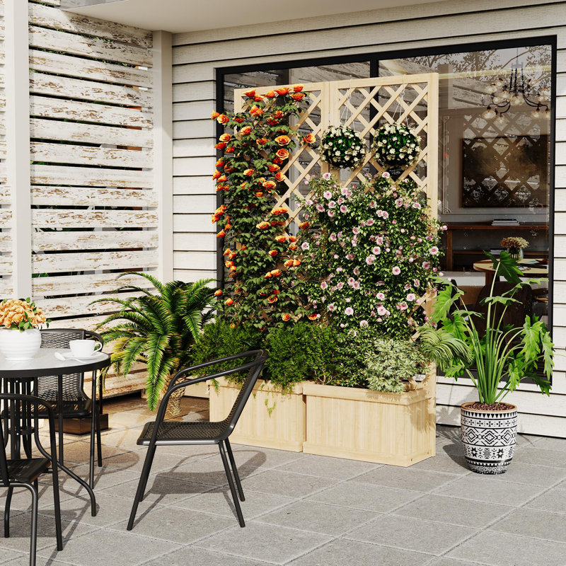 165cm Natural Wood Planter Box with Trellis, 2-Panel Freestanding Garden Privacy Screen, Raised Trough Planter for Vegetables, Flowers and Climbing Plants Outdoors