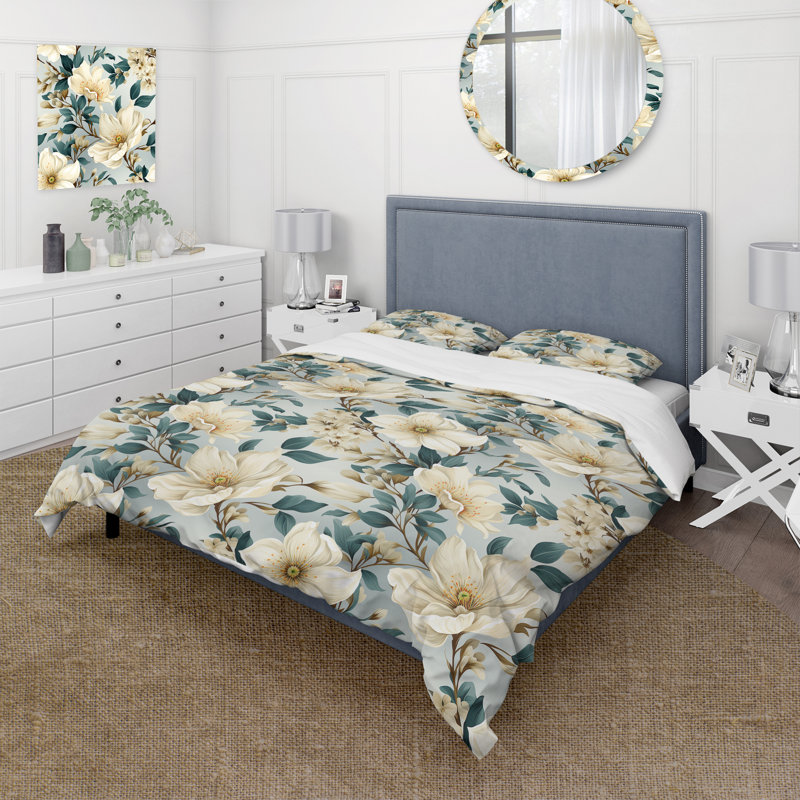 Literie Sandy Beige et bleu Hydrangea Tranquility VII, Housse de couette pour très grand lit et 2 très