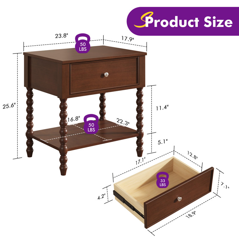 24'' Turned Solid Wood Spindle Nightstand with Drawer&Open Shelf,Walnut, Walnut,  Set of 2