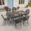 7-Piece Outdoor Dining Set, 82.68" L Rectangular Table with Umbrella Hole, 6 Stackable Chairs with Brown Cushions