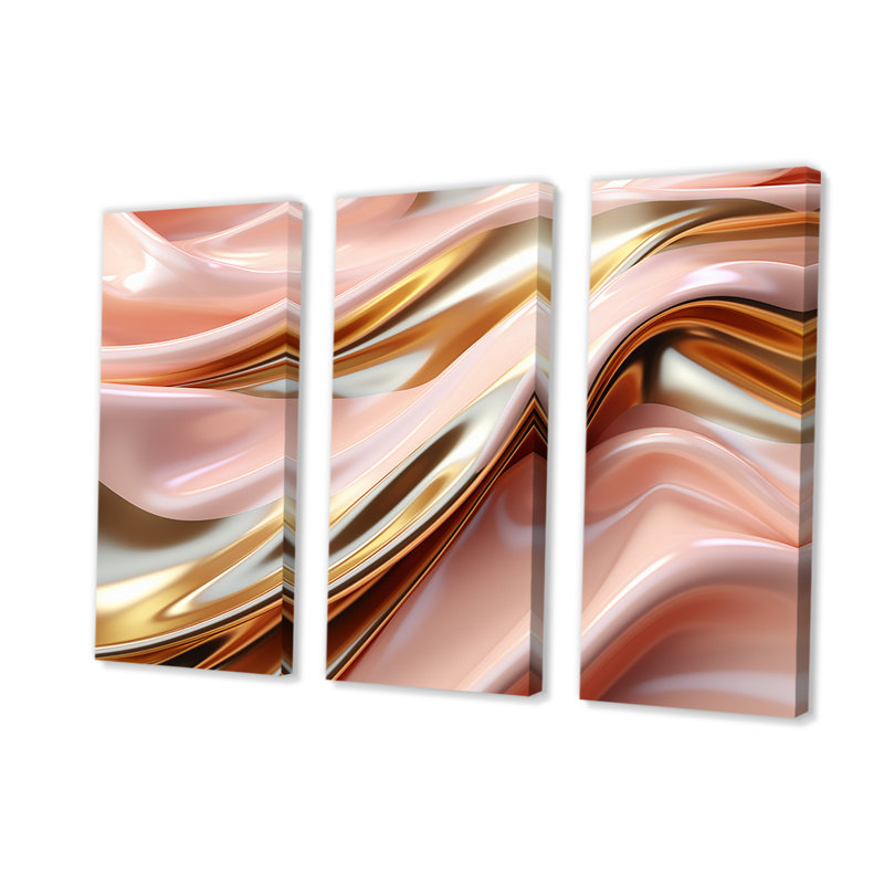 Rose et or liquide Glam Wave sur toile, reproduction de 3 pièces, H 28 po x l 36 po x P 1 po