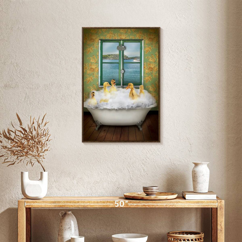 Ducks In Bath Tub, Floating Frame Walnut, 21" x 31"