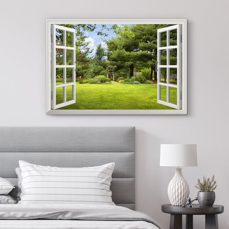 Fenêtre, paysage, magnifique jardin, cour avec des arbres verts au printemps, impression sur toile tendue