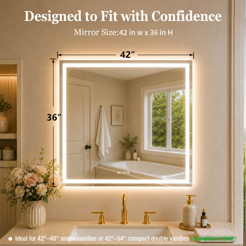 TMMV l 42 po x H 36 po Miroir de salle de bain mural anti-buée à lumière DEL en cristal poli, L 42 po x H 36 po