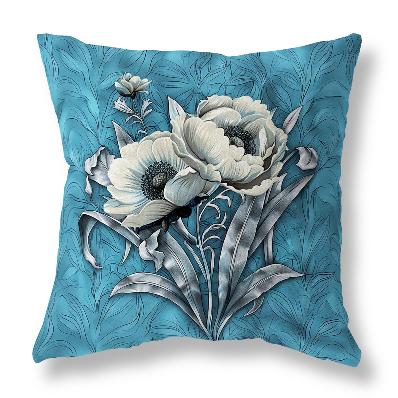 Coussin décoratif intérieur / extérieur Peony, H 16 po x l 16 po, Bleu clair / crème