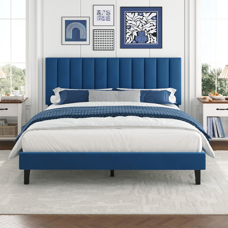 Queen Size Bed Frame Velvet Upholstered Platform with Adjustable Vertical Channel Tufted Headboard, No Box Spring Needed, Navy Blue
