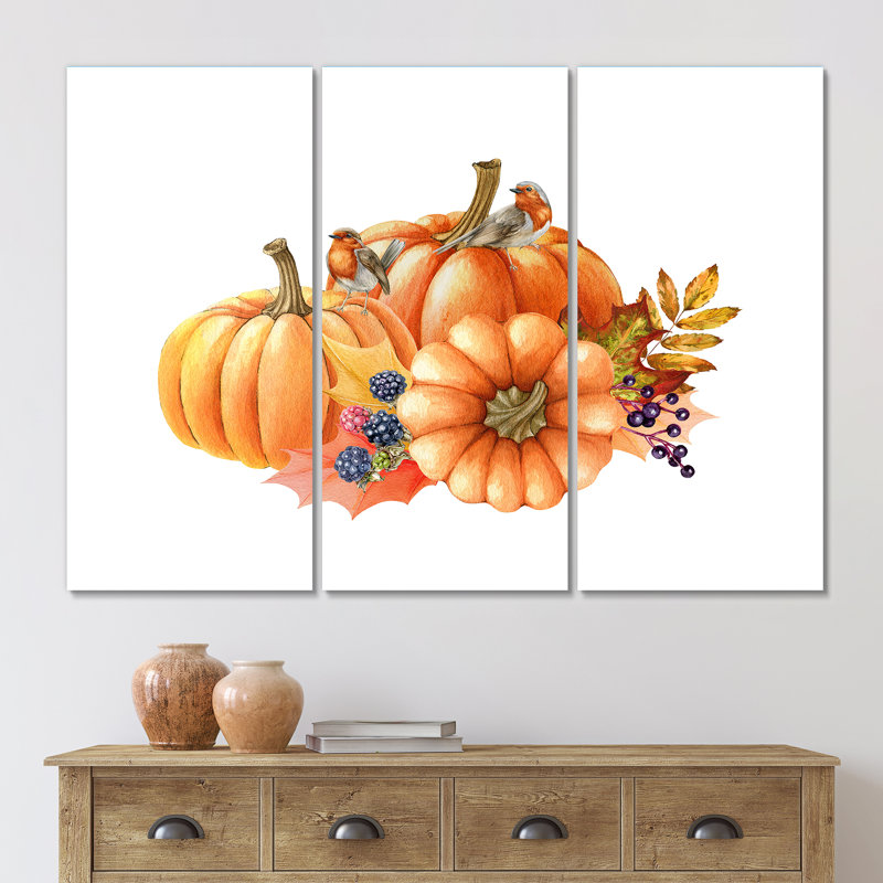 «Pumpkin and Birds On White», reproduction d'art sur toile décontractée, H 28 po x l 36 po x P 1 po