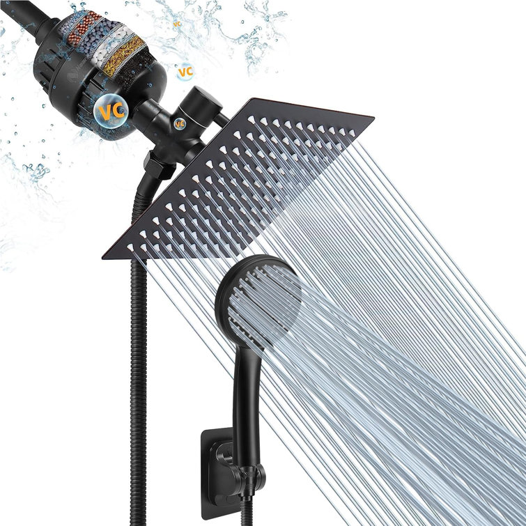 Filtered Rain Shower Head, High Pressure 8?Square, And 5 Settings Handheld Shower Filter Combo With Self-Adhesive Holder/1.5M Hose