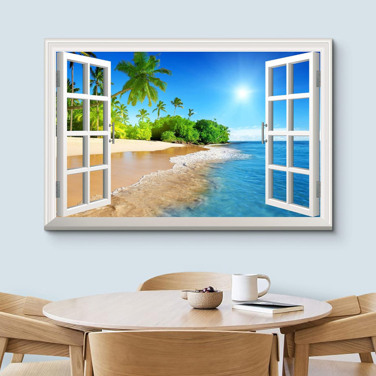 Beautiful Tropical Beach with White Sand, Clear Sea, and Palm Trees Under Blue Sunny Sky - Print on Canvas