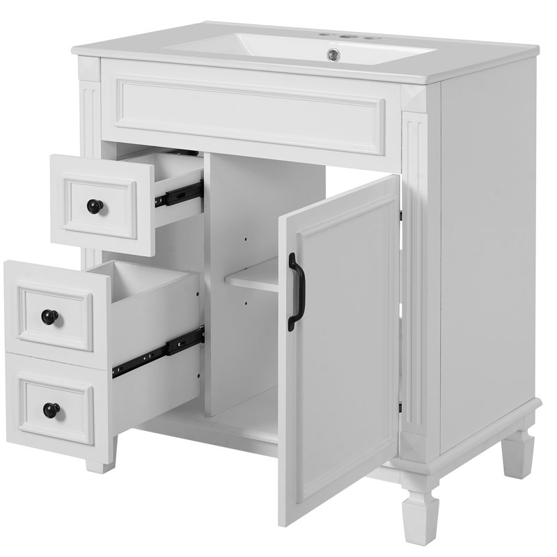 Meuble-lavabo moderne de 76 cm (30 pouces) avec lavabo en céramique, poignées en forme de bouton et étagère réglable, gain de place dans les petits espaces, lavabo de 76 cm (30 pouces), tiroirs à fermeture amortie.