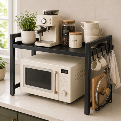 Black Adjustable Microwave Rack, Expandable Kitchen Countertop Organizer with Cutting Board Holder and 6 Hooks