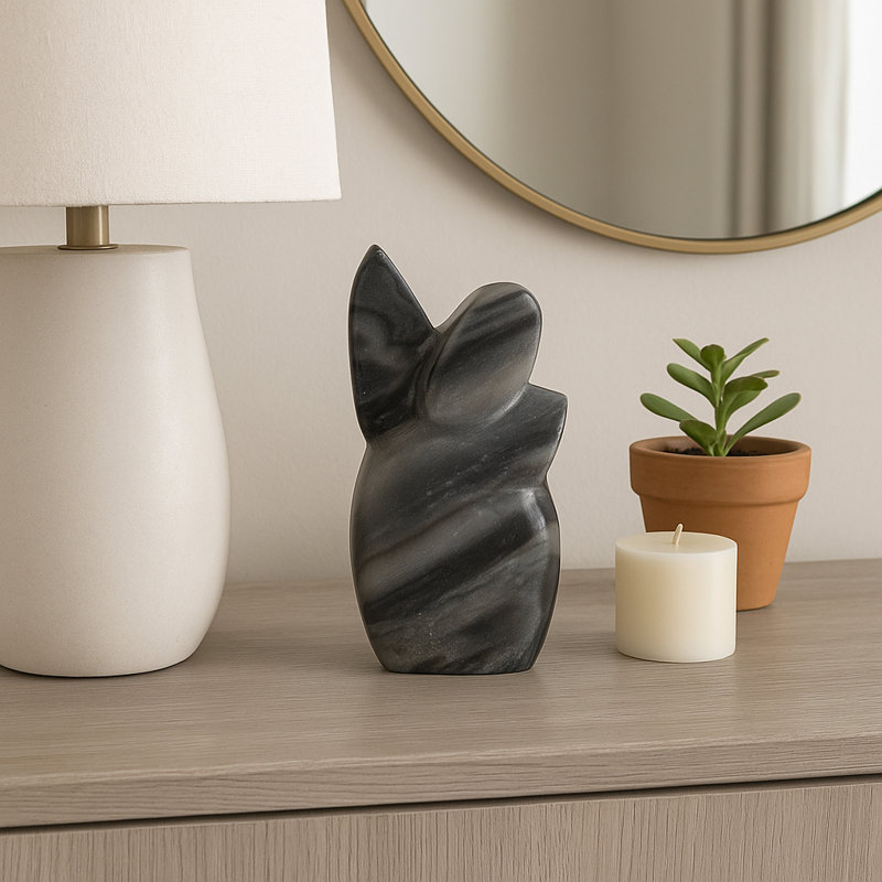 Carved Marble Statue Figurine For Home Decor - Elegant Sculpture Decoration For Living Room - Contemporary Stone Accent For Console Table - Gray and White