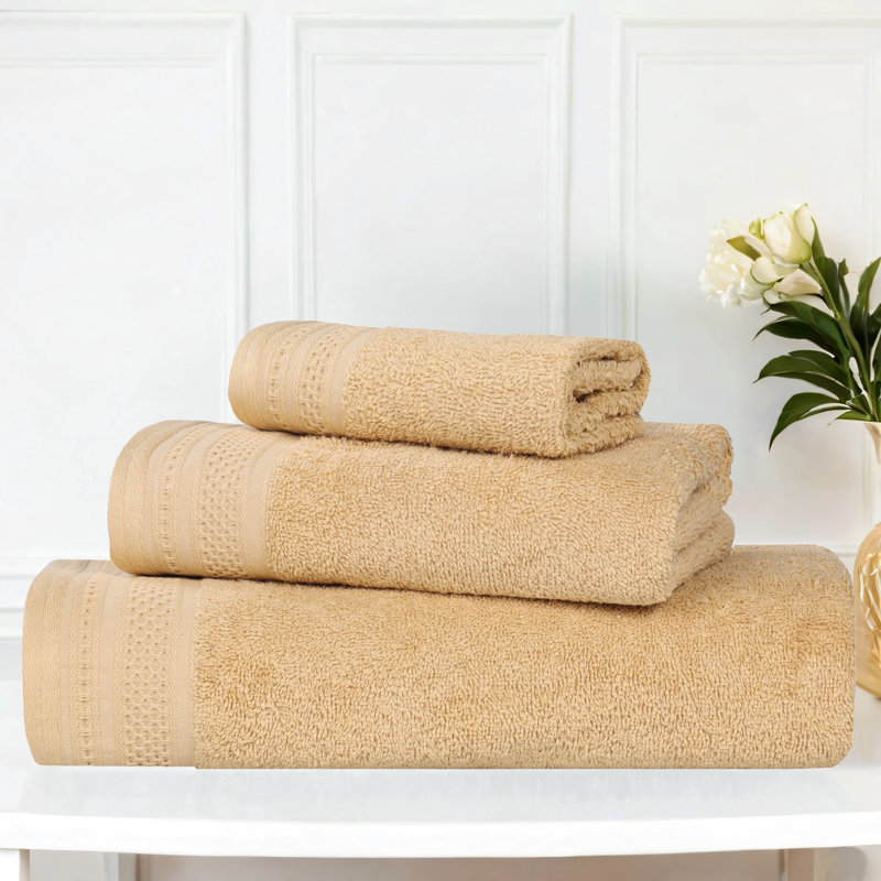 Honeycomb Textured Waffle Border Cotton Medium Weight 3 Piece Towel Set, Gold
