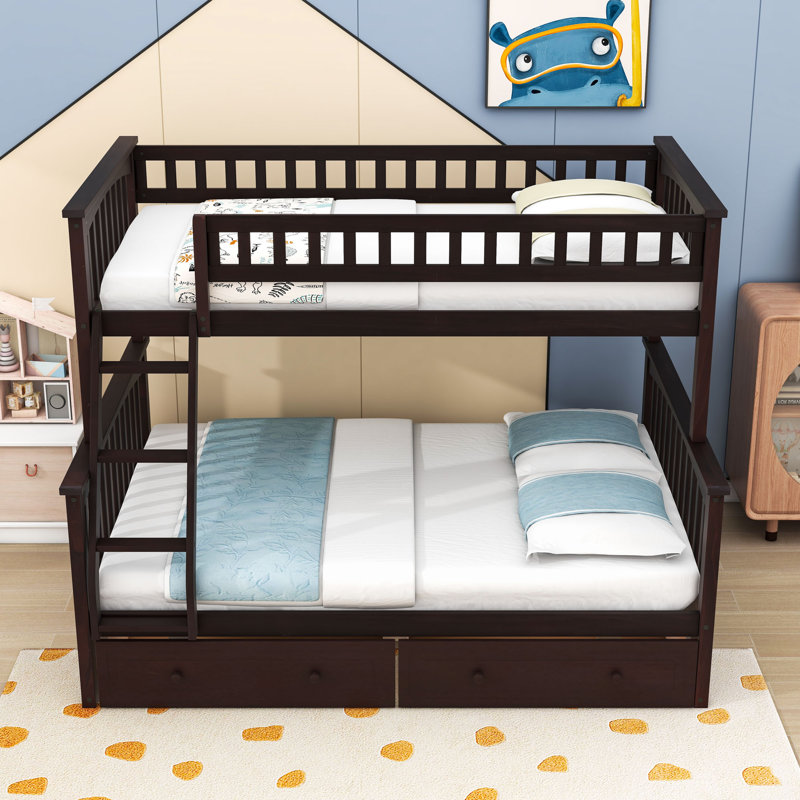 Lit superposé simple au-dessus de 2 tiroirs en bois 2 tiroirs avec échelle et garde-corps, convertible en 2 lits, Espresso