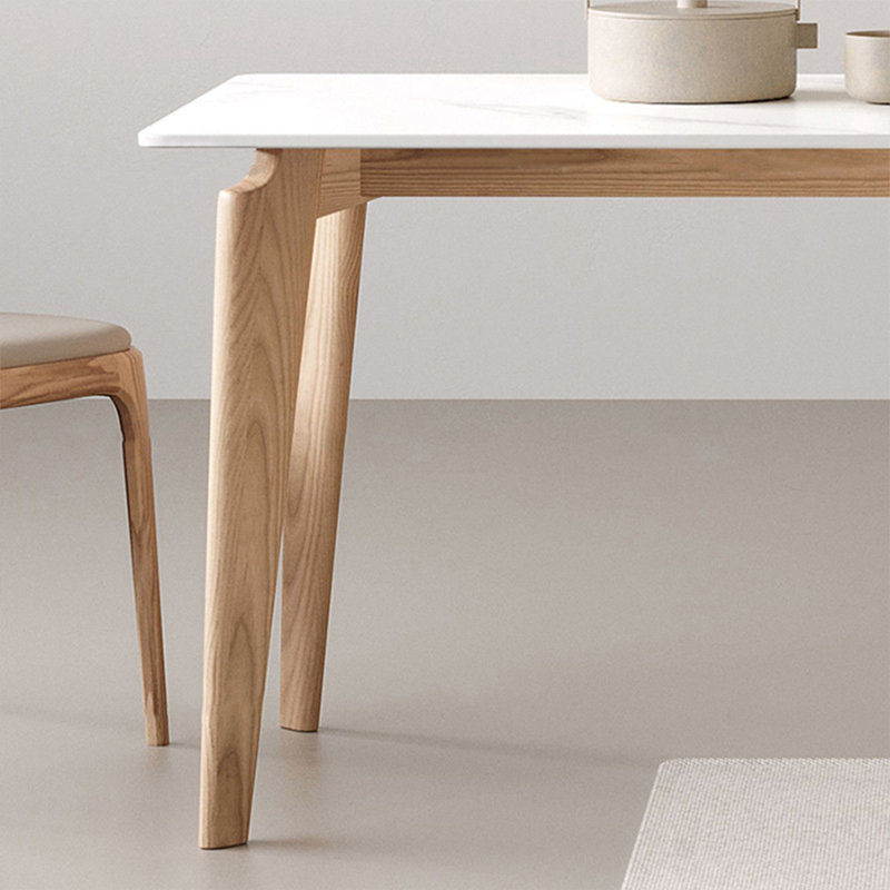 Ensemble de table de salle à manger pour 4 personnes blanc + pierre frittée rectangulaire + bois massif Burlywood