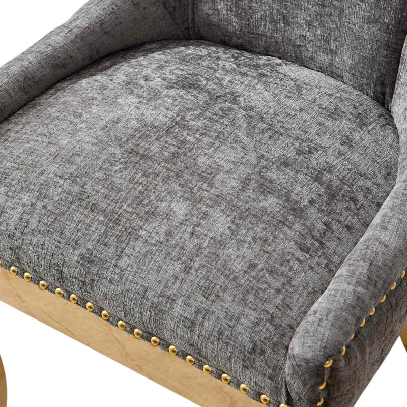 Thickened Fabric Upholstered Wooden Nailhead Dining Chair, Dark Gray, 2, Gold