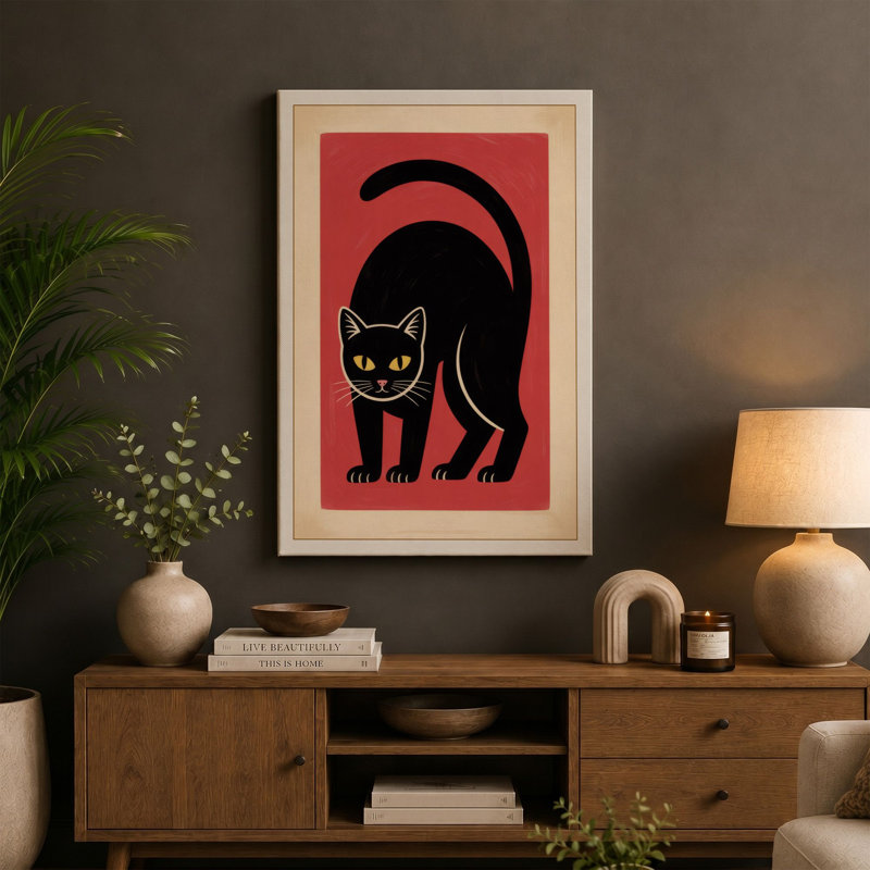Silhouette Cat Mid-Century - Wrapped Canvas, 36x24 - 91.4 x 61.0 cm, Terracotta Border