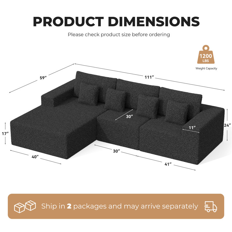 Boneless L-shaped 2-seater Sofa With Armrests, Upholstery And Throw Pillows – Cozy Sectional Couch With High-density Foam For Living Room, Apartment, Small Spaces