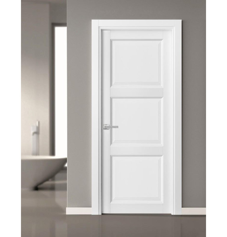 Porte de cuisine/garde-manger prémontée à 3 panneaux avec quincaillerie Lucia 2661 Blanc Soie, cadre et moulures pour panneau unique, portes robustes pour salle de bain et chambre à coucher - 76 cm x 203 cm