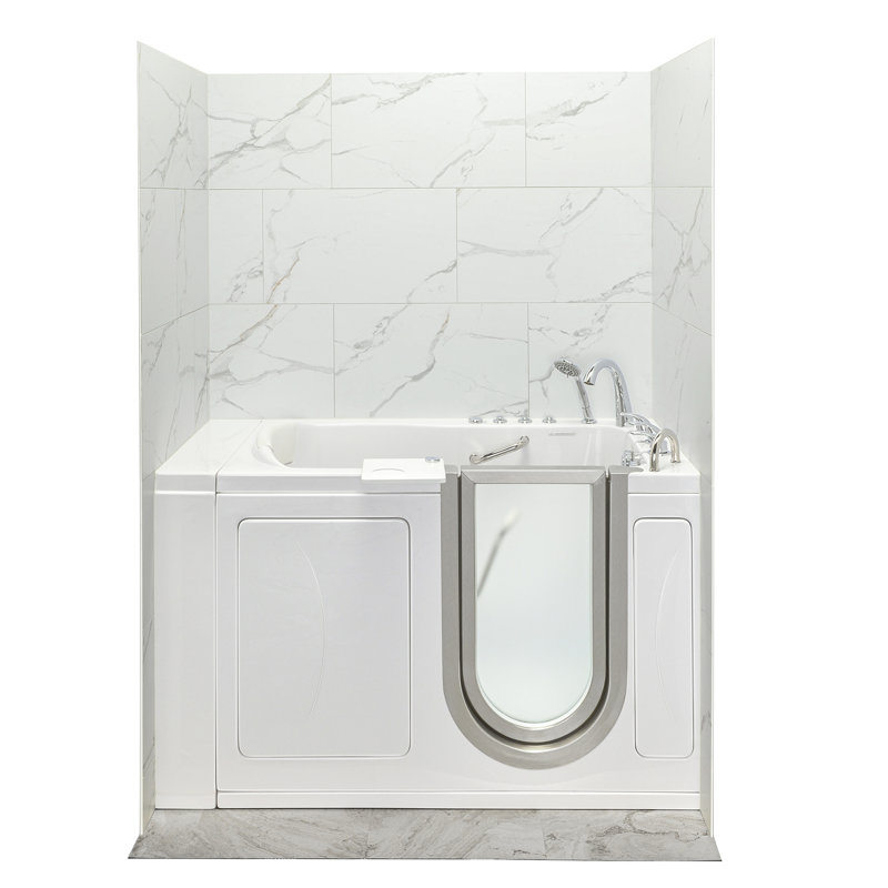 Ella Royal 32"x52" Acrylic Air and Hydro Massage Walk-In Bathtub with Right Inward Swing Door, 5 Piece Fast Fill Faucet, 2" Dual Drain, Carrara Wall Surround