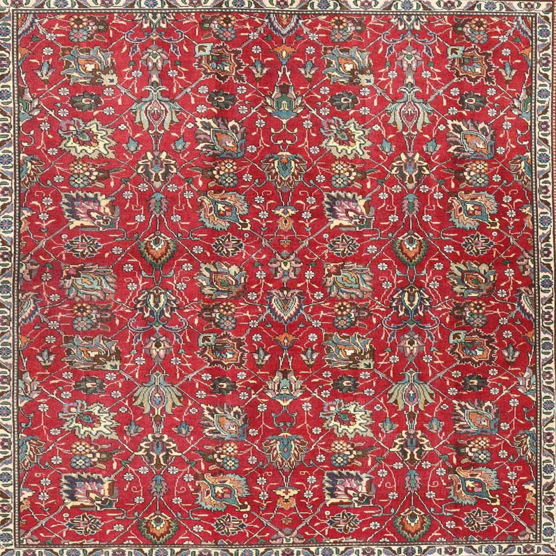Tapis rouge / brun / bleu, Carré 6 pi