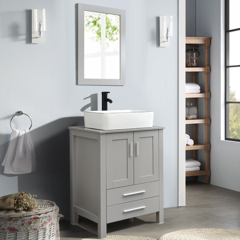 Rutland 24" Single Bathroom Vanity Set with Mirror with Sink, Gray, Chrome