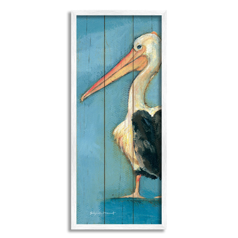 «Pelican Bird Over Blue Planked», reproduction d'art sur toile tendue, Giclée encadrée blanc bord de mer
