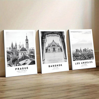 Ensemble de 3 affiches encadrées, paysages urbains en noir et blanc (Prague, Bangkok, Los Angeles), photographies de voyage, décoration moderne pour salon, chambre, bureau, monuments de villes internationales.