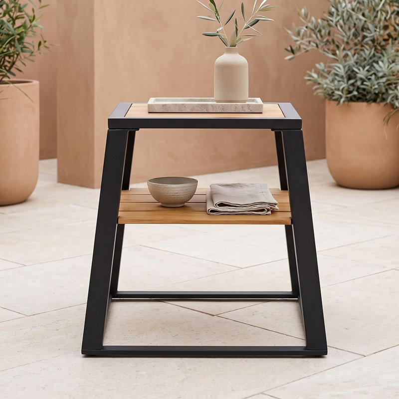 Table d'appoint d'extérieur moderne en bois d'acacia à 2 niveaux avec structure en fer, tablette de rangement pour patio, balcon ou salon