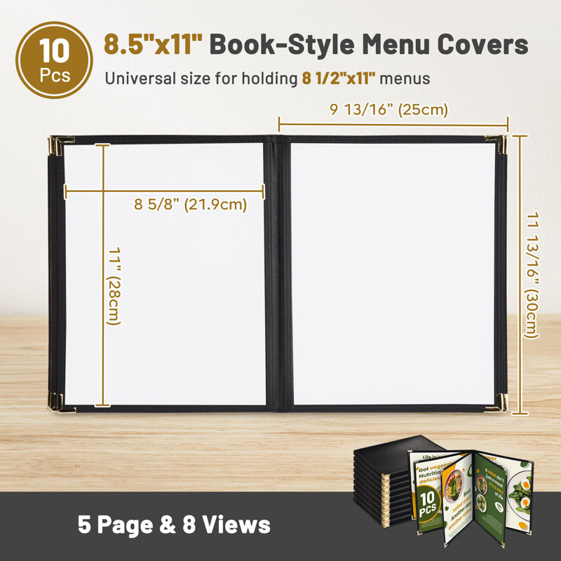 WeChef 10 Pack Restaurant Menu Covers 8.5" x 11" Book Style 8 Views Clear Cafe