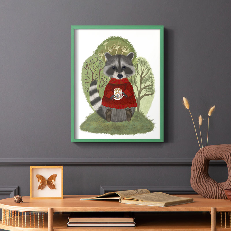 «Hot Chocolate Raccoon», reproduction encadrée - bois massif, Vert, H 10 po x l 8 po