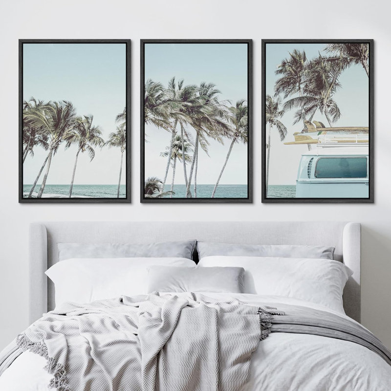 «Retro Road Trip Tropical Palm Tree Beach Holiday», reproduction sur toile encadrée 3 pièces, H 24 po x l 16 po x P 1,5 po