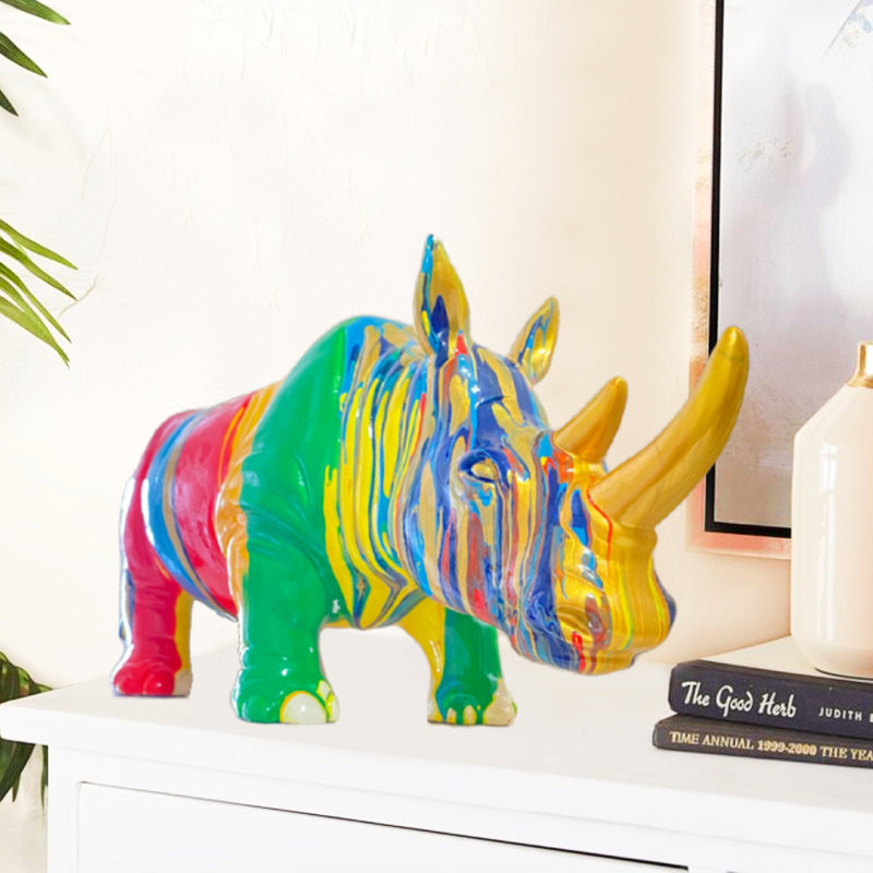 Multicolor Resin Rhinoceros Tabletop Statue for Home Decor