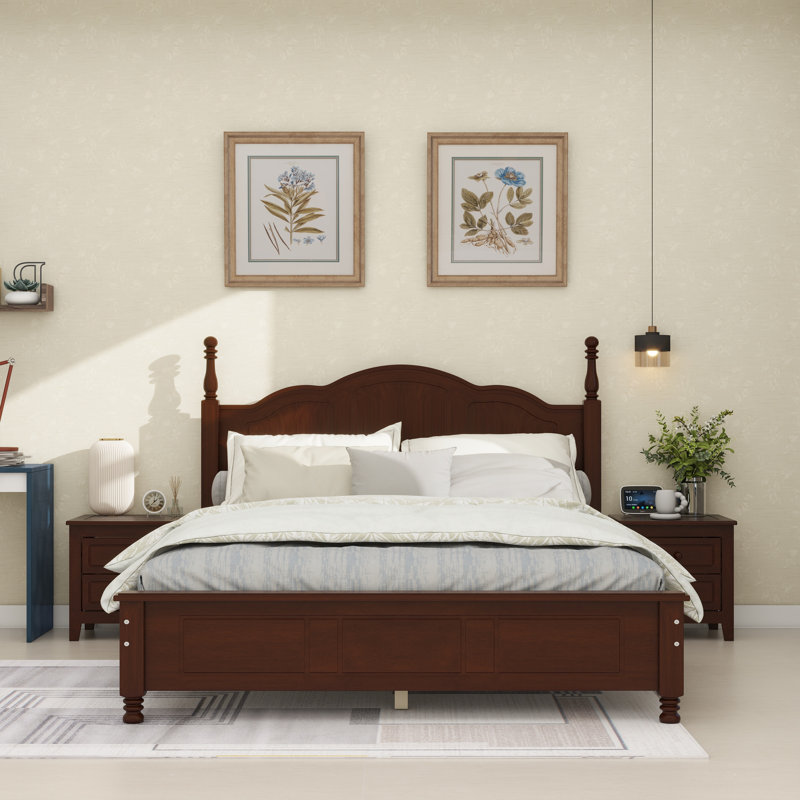 Cadre de lit plateforme en bois, lit plateforme de style rétro avec support en lattes de bois,, Noyer, Grand lit