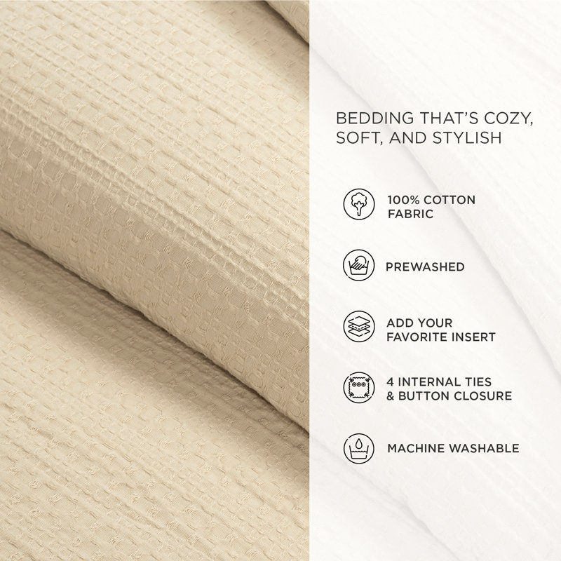 Haniya Neutral Waffle Woven Cotton Full/Queen Duvet Cover Set