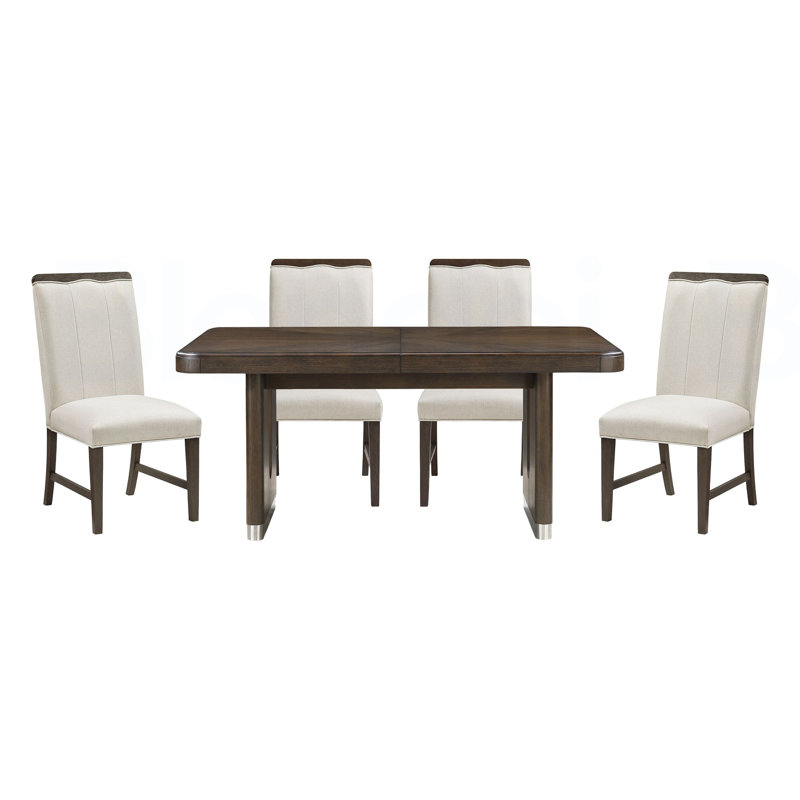 Table de salle à manger moderne à finition brune 5 pièces avec 4 chaises d'appoint et rembourrage beige, Pièce en 5