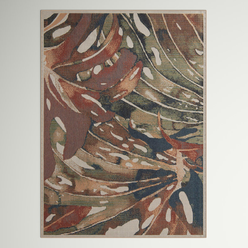 Tapis intérieur / extérieur vert / rouge à motif abstrait Tinesford, Rectangle 5 pi 3 po x 7 pi 7 po