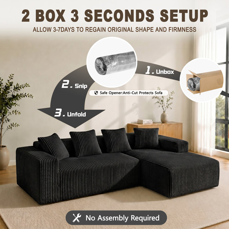 Modern Oversized 262cm Boneless Corner Sofa L-Shaped Corduroy Sofa With Storage Pockets, Right Hand Facing, Black