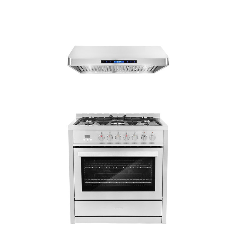 Cosmo 2 Piece Kitchen Appliance Package with 36'' Dual Fuel Freestanding Dual Fuel Under Cabinet Range Hood