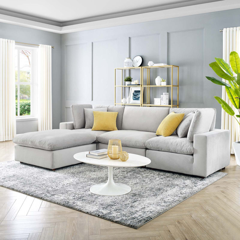 Commix Wide Velvet Reversible Corner Sectional with Ottoman, Light Grey Velvet