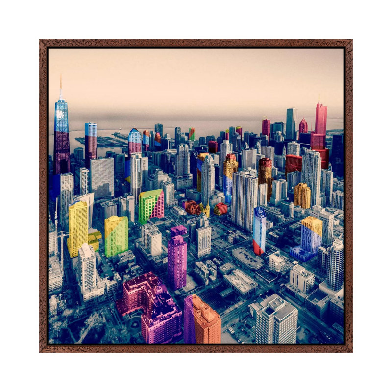 Chicago City Pop - Print on Canvas, 45.72 cm H x 45.72 cm W, Classic Brown Wood Framed