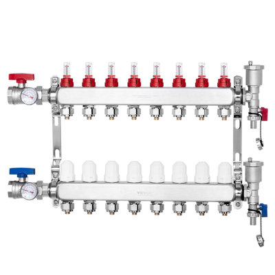 8-Branch Radiant Heat Manifold, 1/2" PEX Tubing Manifold, Stainless Steel PEX Manifold For Hydronic Radiant Floor Heating, Radiant Heat PEX Manifold Kit With 1/2" Adapters Included