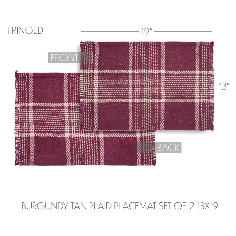 Burgundy and Tan Plaid Cotton Polyester Rectangle Placemat Set