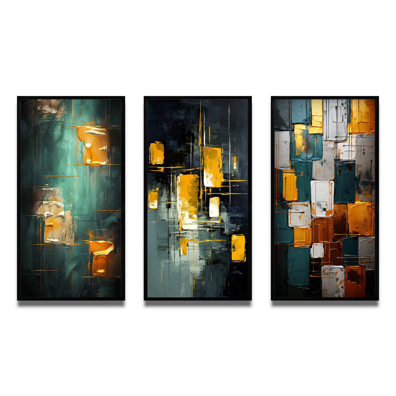 Yellow Interlude Abstract Expressionism Teal III - Abstract Painting Art Set Of 3 Pieces, Cadre flottant noir