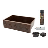 33" Hammered Copper Kitchen Apron Single Basin Sink w/ Star Design with Matching Drain and Accessories